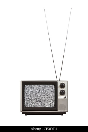 Static screen portable vintage television with long antennas up. Isolated on white. Stock Photo