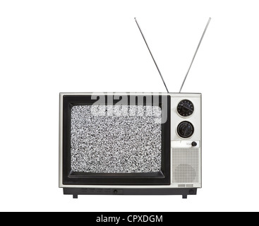 Static screen portable vintage television with antennas up. Isolated on white. Stock Photo