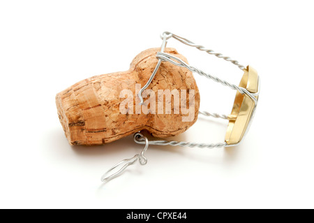 Champagne cork stopper with metal cage on a white background Stock Photo