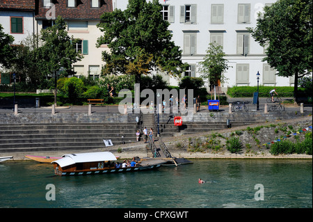 Switzerland, Canton Basel-Stadt, Basel, one of the little ferry boat used to cross the river Rhine Stock Photo