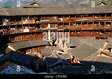China Fujian Province Hukeng inside of Tulou building communal living structures designed to be easily defensible made of brick