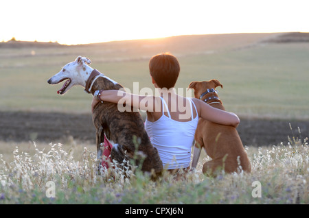 Young woman sitting in nature with her dogs, at sunset Stock Photo