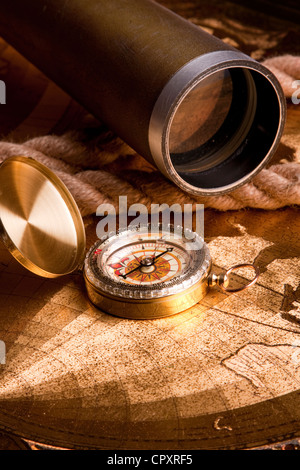 Vintage Navigation equipment, compass and other tools Stock Photo