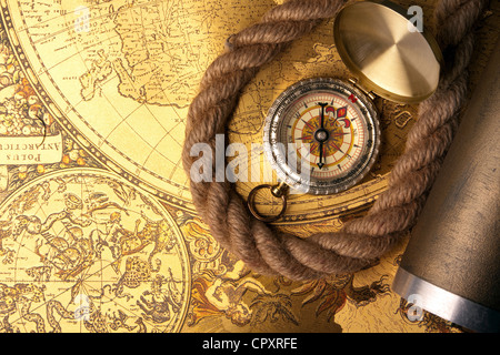 Vintage Navigation equipment, compass and other tools Stock Photo