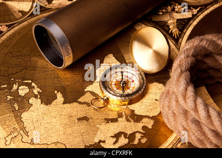 Vintage Navigation equipment, compass and other tools Stock Photo