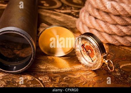 Vintage Navigation equipment, compass and other tools Stock Photo