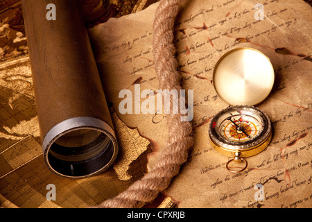 Vintage Navigation equipment, compass and other tools Stock Photo