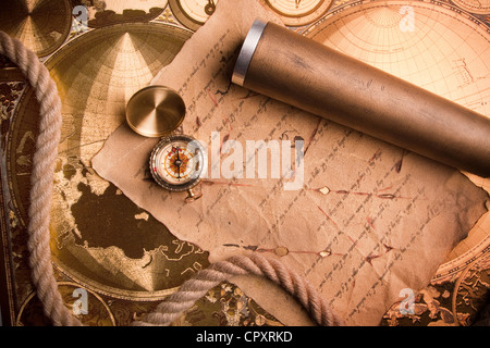 Vintage Navigation equipment, compass and other tools Stock Photo