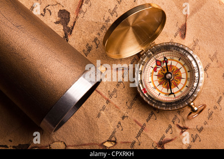 Vintage Navigation equipment, compass and other tools Stock Photo