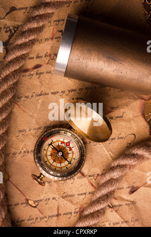 Vintage Navigation equipment, compass and other tools Stock Photo