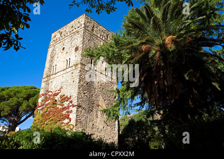 Italy, Campania, Amalfi Coast, listed as World Heritage by UNESCO, Ravello, Villa Rufolo, Torre Maggiore, 14th century tower Stock Photo