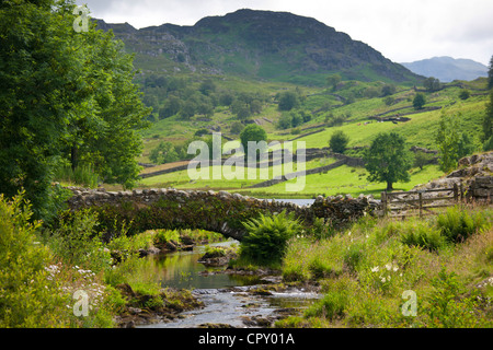 Packhorse Bridge across mountain stream at Watendlath in the Lake District National Park, Cumbria, UK Stock Photo