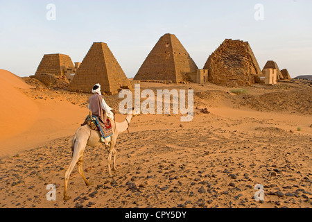 Sudan, Nubian Desert, High Nubia, Nahr an Nil province, Meroe Necropolis UNESCO World Heritage, has more than 200 pyramids, the Stock Photo