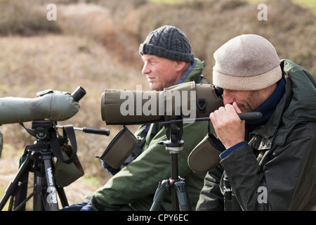 bird watchers with telescope on tripod in winter Stock Photo