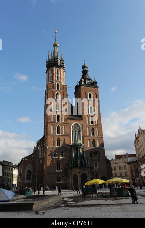 Poland. Krakow. Central Market Square with Saint Mary's Basilica. Stock Photo