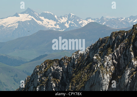 View of the Mount Valier massif from a ridge near Col du Pas de l'Ane, Haute-Garonne, Midi-Pyrenees, France. Stock Photo