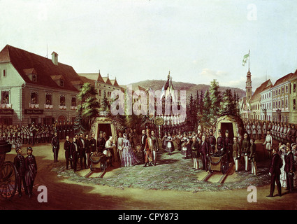 Franz Joseph I, 18.8.1830 - 21.11.1916, Emperor of Austria since 1848, half length, visiting the mine at Loeben, painting by Josef, Stock Photo