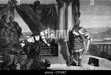 Charles III 'the Fat', 839 - 13.1.888, Frankish King 876 - 888 and Roman Emperor 881 - 888, with count Odo during the Viking siege of Paris, 885 - 886, wood engraving after drawing by Hottenroth, 19th century, , Stock Photo