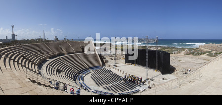 Panoramic view of the ancient Roman amphitheater and sound stage at Caesarea Maritima, Israel Stock Photo