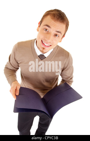 Young well-dressed man in formalwear is holding a files for documents. Isolated on white background. Stock Photo