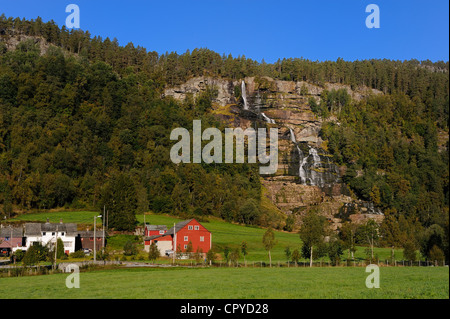 Norway, Hordaland County, Voss, Tvine (Tvindefossen) Waterfall Stock Photo