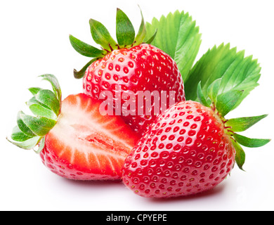 Strawberries with leaves. Isolated on a white background. Stock Photo