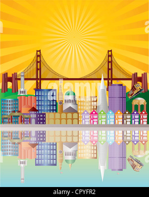 San Francisco California City Skyline with Golden Gate Bridge with Sunrise Background Illustration Stock Photo