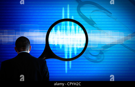 Abstract technology background blue with binary code and virus searcher with stethoscope and magnifier Stock Photo