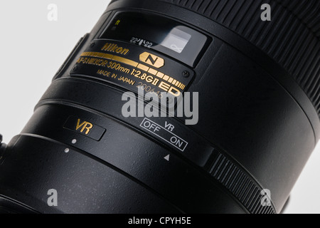 Nikon 300mm lens - detail of controls and image stabilisation settings (VR) Stock Photo
