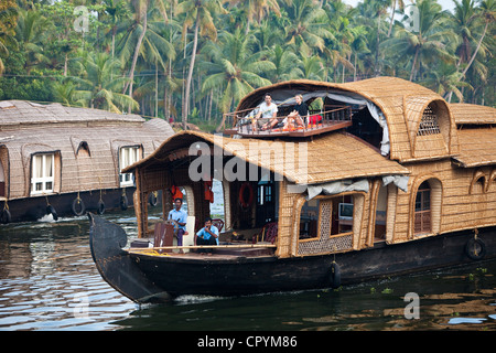 India Kerala State Allepey the backwaters houseboats (old transport barge converted for the touristic cruising of the canals) Stock Photo