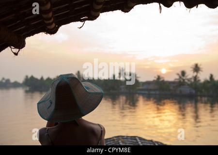 India Kerala State Allepey the backwaters houseboats (old transport barge converted for the touristic cruising of the canals) Stock Photo