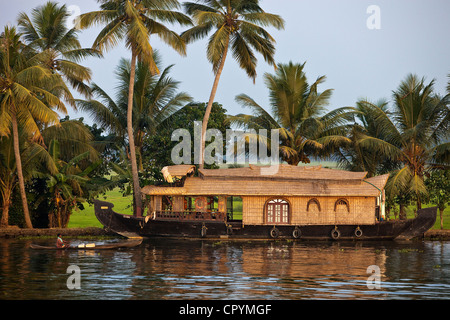 India Kerala State Allepey the backwaters houseboats (old transport barge converted for the touristic cruising of the canals) Stock Photo