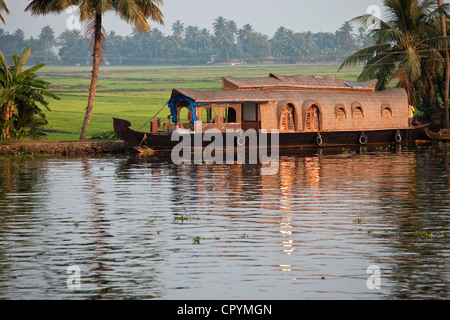 India Kerala State Allepey the backwaters houseboats (old transport barge converted for the touristic cruising of the canals) Stock Photo