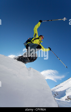 Snowshoe hiker on the Fanes Alp, St. Vigil, Alto Adige, South Tyrol, Italy, Europe Stock Photo