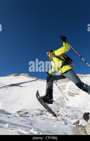 Snowshoe hiker on the Fanes Alp, St. Vigil, Alto Adige, South Tyrol, Italy, Europe Stock Photo