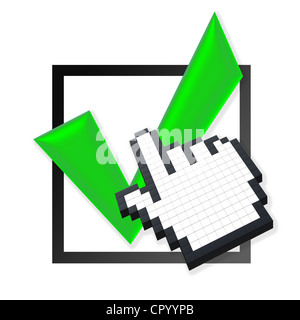 Hand shape cursor with green check mark - isolated on white background Stock Photo