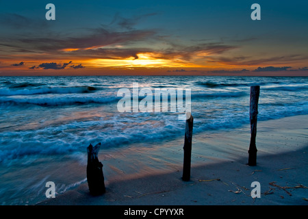 Sunset at the beach, West Beach, Darss, Western Pomerania Lagoon Area National Park, Mecklenburg-Western Pomerania Stock Photo