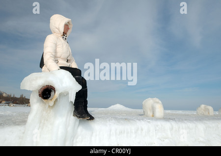 Icy pier, frozen Black Sea, a rare phenomenon, Odessa, Ukraine, Eastern Europe Stock Photo