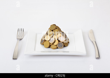 Pile of Euro coins on dinner plate Stock Photo