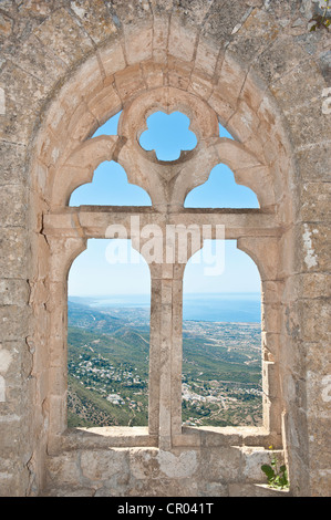 Gothic tracery, decorated window, St. Hilarion Castle, crusader castle, overlooking sea and coast, Turkish Republic of Northern Stock Photo