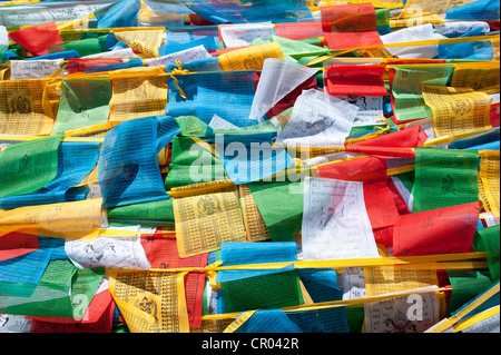 Lots of colorful prayer flags flying, Yumbulagang near Tsetang, Himalaya Range, Central Tibet, Ue-Tsang, Tibet Autonomous Region Stock Photo