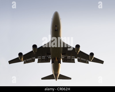 Jumbo Jet Boeing 747 viewed from below on landing approach, Frankfurt Airport, Frankfurt am Main, Hesse, Germany, Europe Stock Photo