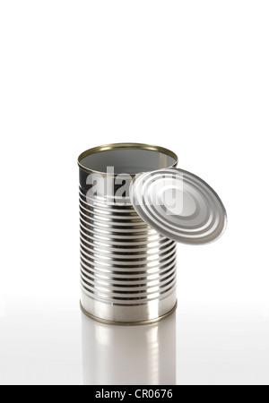 Empty tin can with an open lid Stock Photo