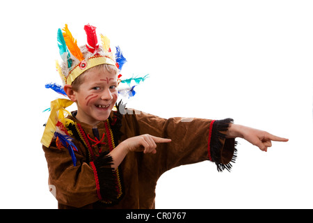 A boy, 7 years, wearing American Indian fancy dress Stock Photo