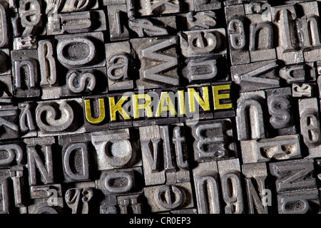 Old lead letters forming the word Ukraine Stock Photo