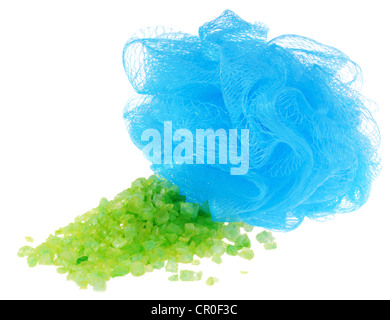 Blue netting loofah on white background Stock Photo
