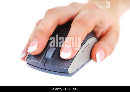 Female hand with nice french manicure on a grey computer mouse. Shadow DoF. Stock Photo