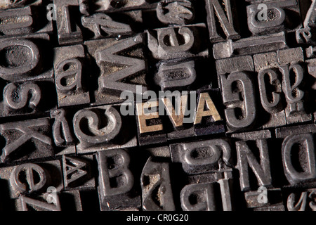 The word 'Eva', made of old lead type Stock Photo