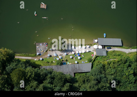 Aerial view, natural swimming pool, Lake Riessersee, Garmisch-Partenkirchen, Bavaria, Germany, Europe Stock Photo