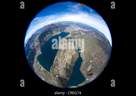 Aerial view, fisheye, Levico, Lago di Caldonazzo lake, Trentino, Italy, Europe Stock Photo